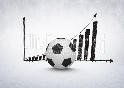 3D Football with rising incremental chart drawings on white background