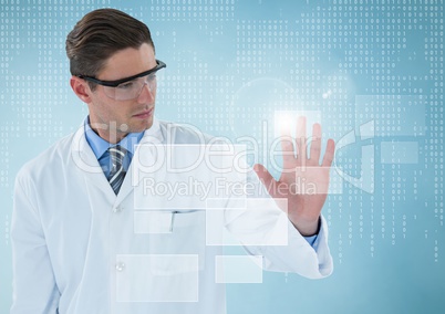 Man in lab coat and goggles with white interface and blue background