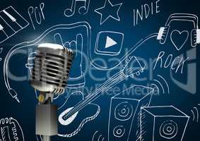 3D Microphone against blue background with music icons drawings indie rock pop
