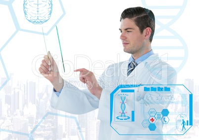 Man in lab coat holding up glass device behind blue medical interface against white skyline