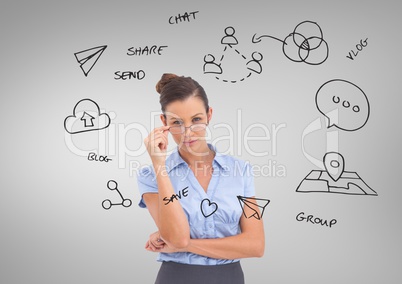 Businesswoman with social media business graphics drawings