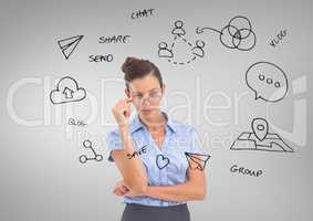 Businesswoman with social media business graphics drawings