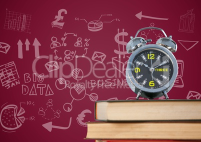 Pile of books with clock and white business doodles against maroon background