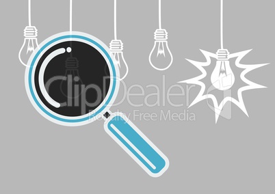 Magnifying glass illustration searching lightbulbs for ideas against grey background