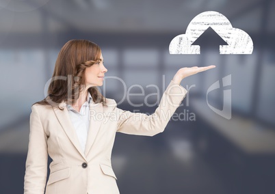 Woman with open palm hand under cloud upload icon