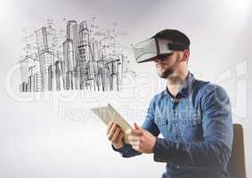 Man in VR against sketch of buildings white background