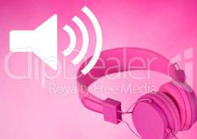 Pink headphones with volume speaker icon