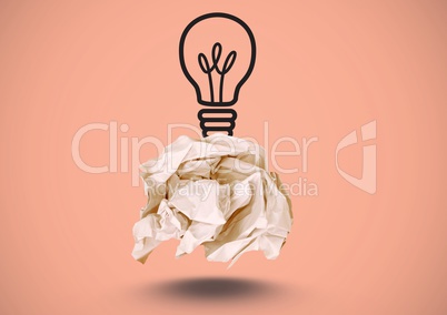 Crumpled paper with lightbulb drawing with pink background