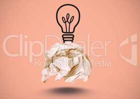 Crumpled paper with lightbulb drawing with pink background