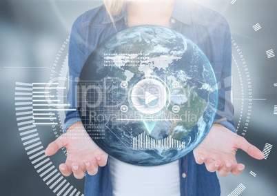 Womans open palm hands holding world earth globe interface technology