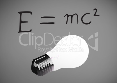 E = MC2  text writing with bulb against grey background