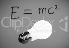 E = MC2  text writing with bulb against grey background
