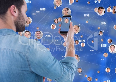 Man with phone against blue with connectors of people profiles