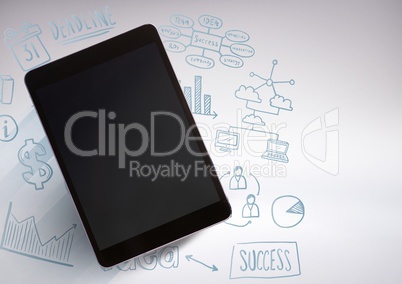 tablet against grey background with business illustration graphic drawings