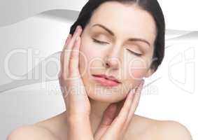 Woman with hands on face against white texture