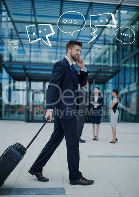 Business man with suitcase on phone with white speech bubbles