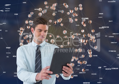 Businessman with tablet against Night city with connectors