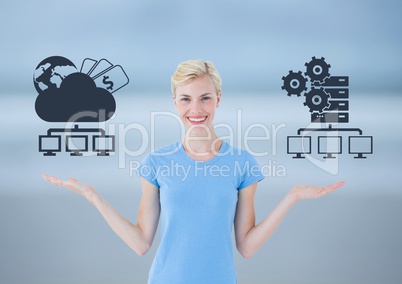 Woman choosing or deciding cloud storage or servers with open palm hands