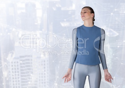 Woman meditating calmly and powerfully over soft white background