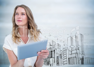 Woman with tablet against buildings sketch and grey wood panel