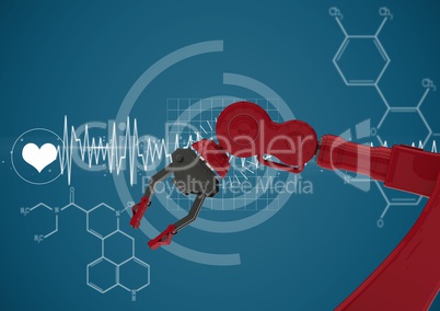 Red robot claw against white medical interface and blue background