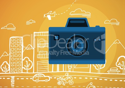camera illustration icon against orange background with graphic drawing of street