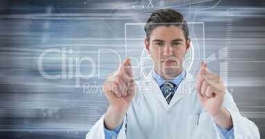 Man in lab coat holding up glass device against motion blur