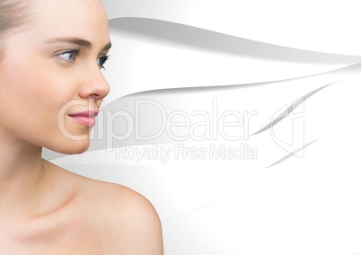 Woman looking to right against white texture