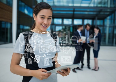 Business woman with tablet and white business doodles