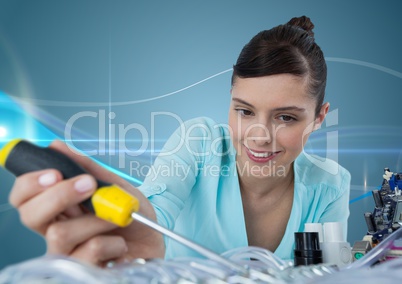 Woman with electronics and screwdriver against blue background with waves