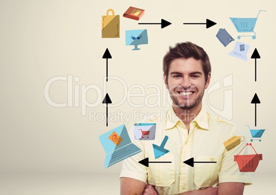 Man with online shopping technology icons graphics drawings