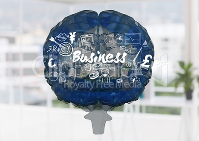 Blue brain with white business doodles against blurry office