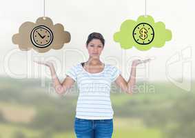Woman choosing or deciding clouds of time or money with open palm hands