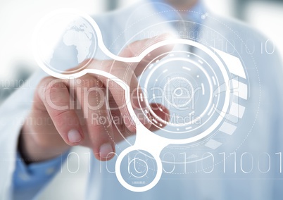 Man in lab coat pointing at white interface with flare against blurry background