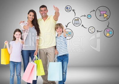 Family with shopping bags and online shopping graphic drawings