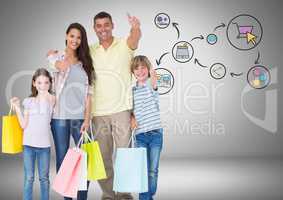 Family with shopping bags and online shopping graphic drawings