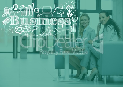 Business women sitting down with green overlay and white business doodles