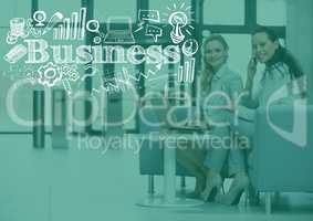 Business women sitting down with green overlay and white business doodles