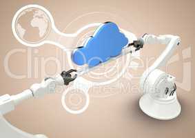White robot claws with blue cloud against white interface and cream background