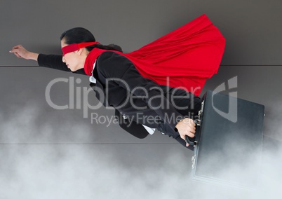 Business Superhero against wood with clouds