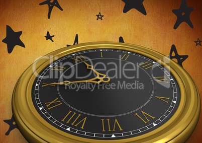 3D Clock against rustic background with stars