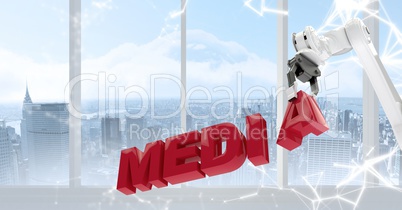 White robot claw holding red letters against white interface and window with skyline