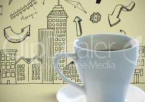 Coffee cup against olive backgroundwith city drawings
