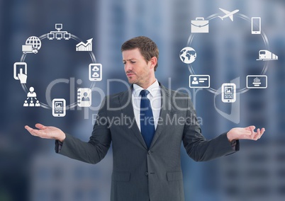 Man choosing or deciding business icons wheels with open palm hands