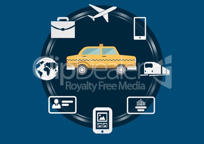 Taxi illustration icon in circle against blue background with travel and technology business icons
