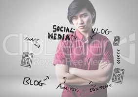 Young man with social media graphics drawings