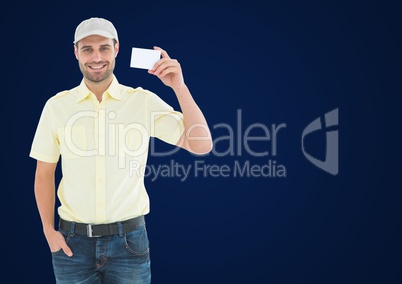 Man with small blank card against navy background