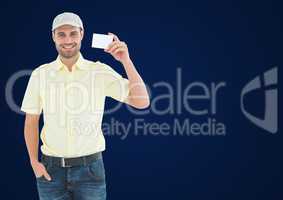 Man with small blank card against navy background
