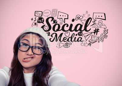 Woman with funny face and social media graphics drawings