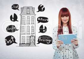 Woman with tablet and social media drawings with house